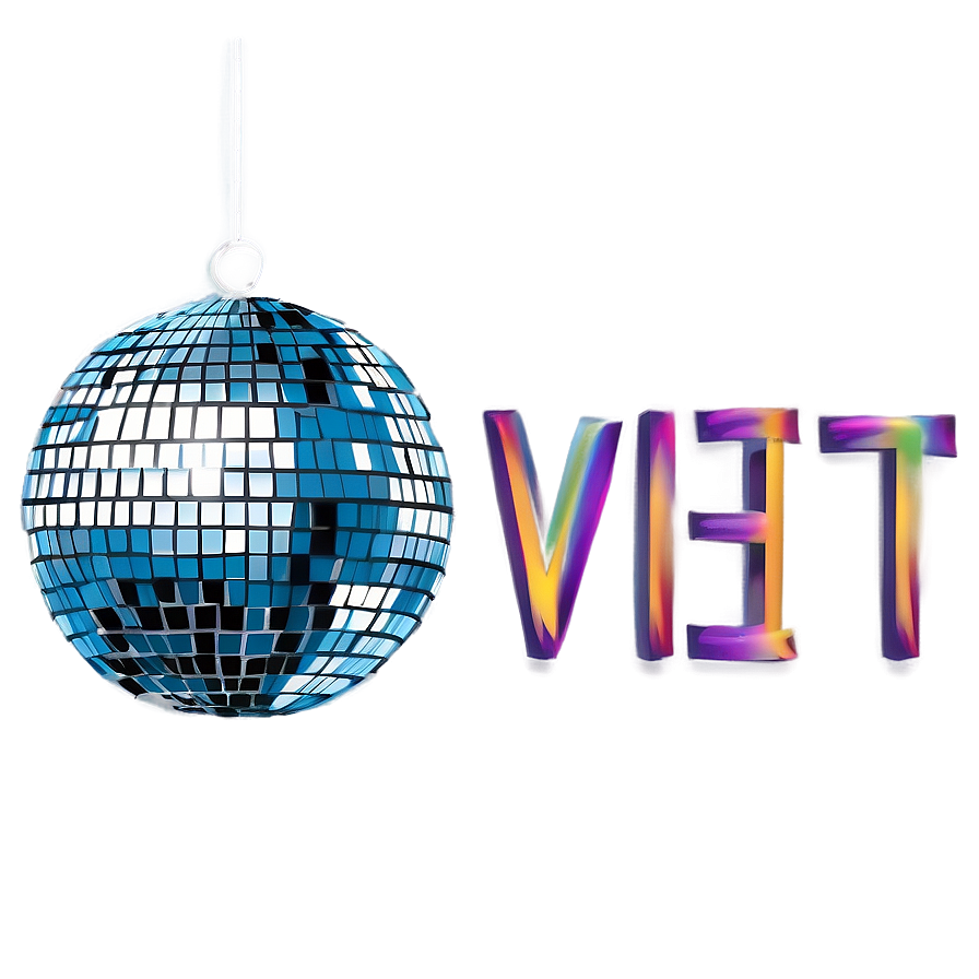 Disco Ball With Colorful Text PNG Image