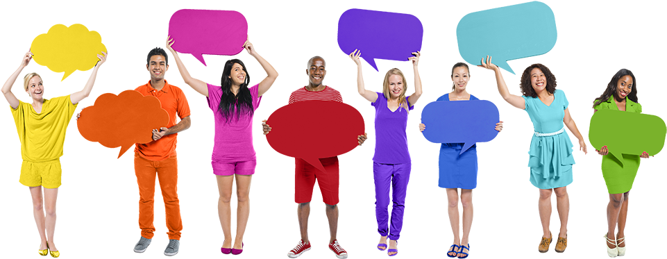 Diverse Group Holding Speech Bubbles PNG Image