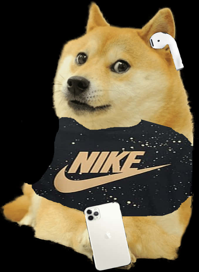 Doge In Nike Gear With Air Podsandi Phone.jpg PNG Image