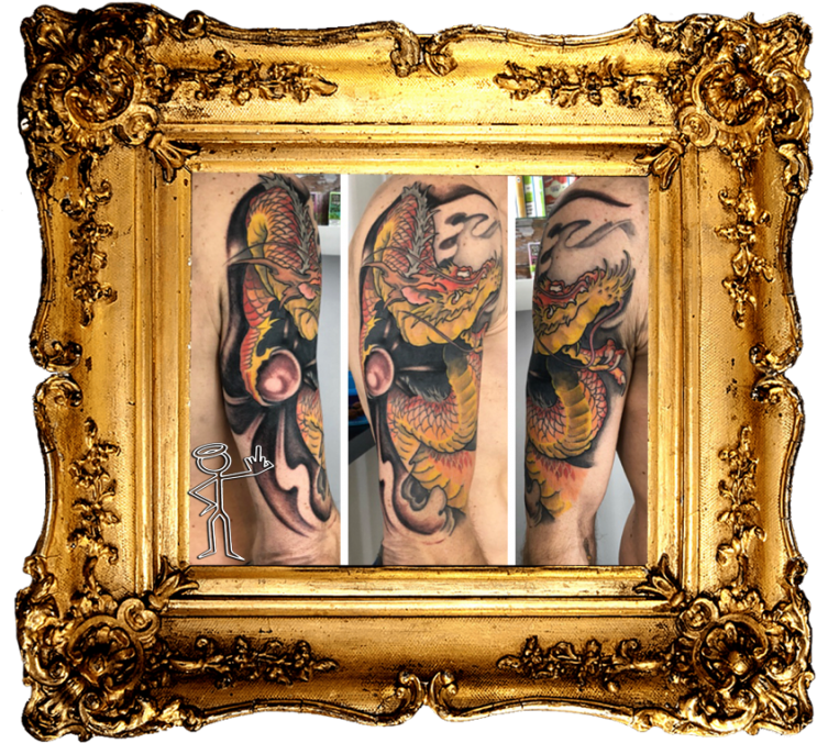 Dragon Tattoo Arm Reflectionin Ornate Frame PNG Image