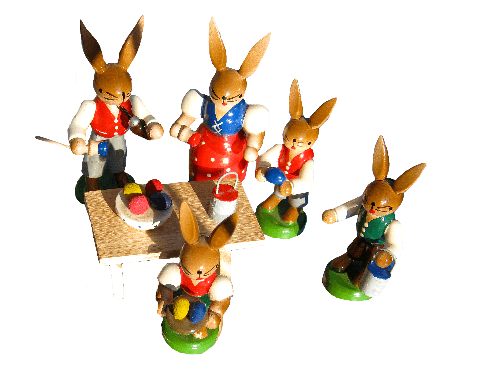 Easter Bunny Painters Wooden Figurines PNG Image