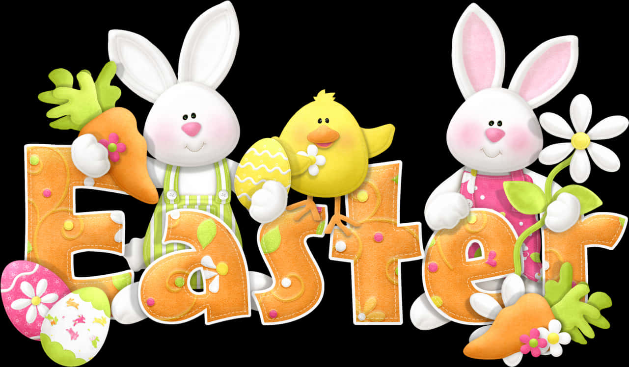 Easter Celebration Cartoon Bunnies Chicks PNG Image