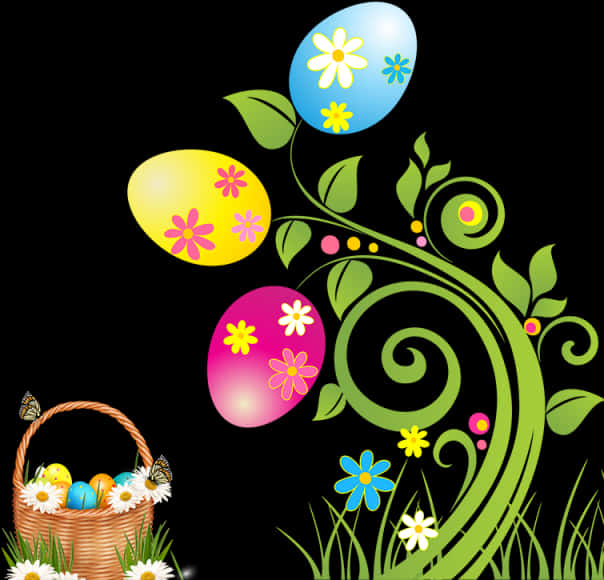 Easter Eggs Floral Design Basket Illustration PNG Image