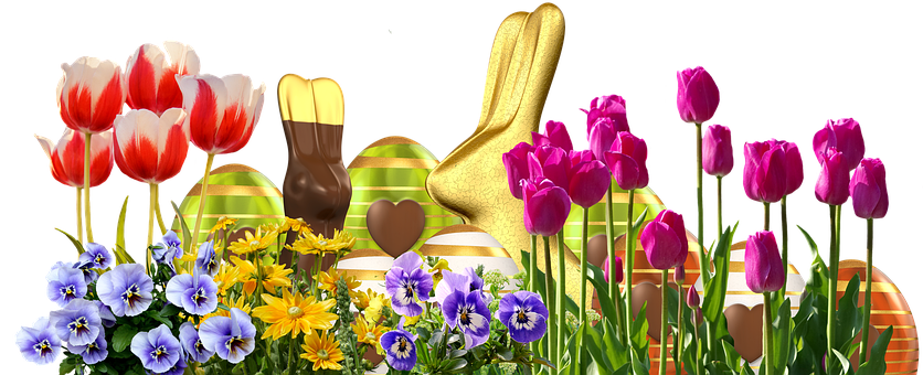 Easter Spring Floral Arrangementwith Chocolate Bunny PNG Image