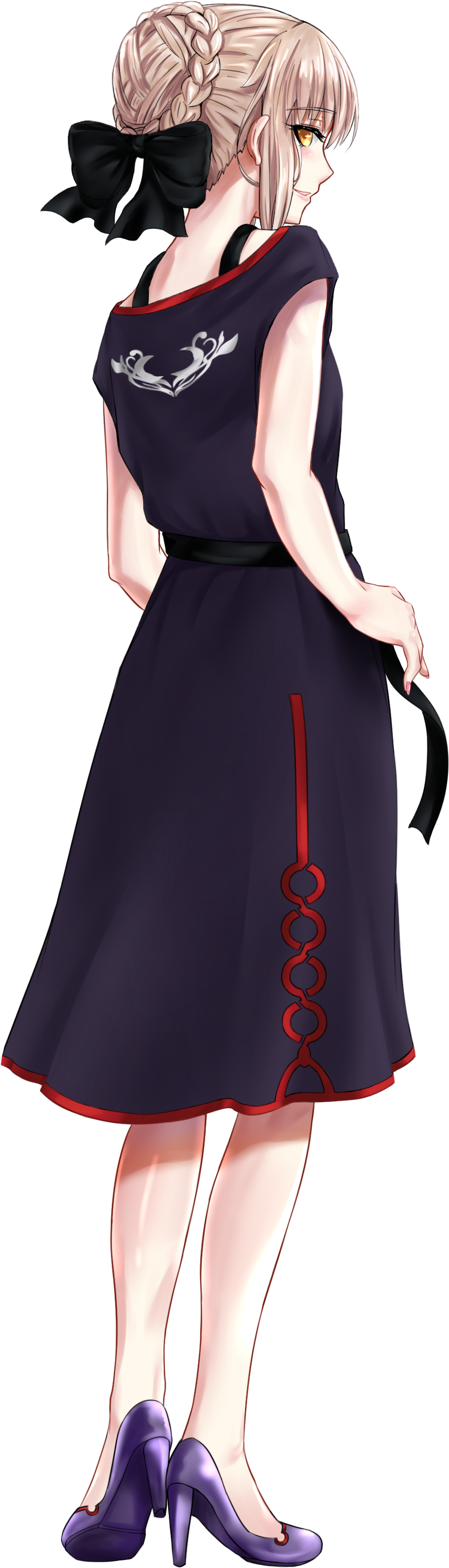 Elegant Anime Girlin Navy Dress PNG Image