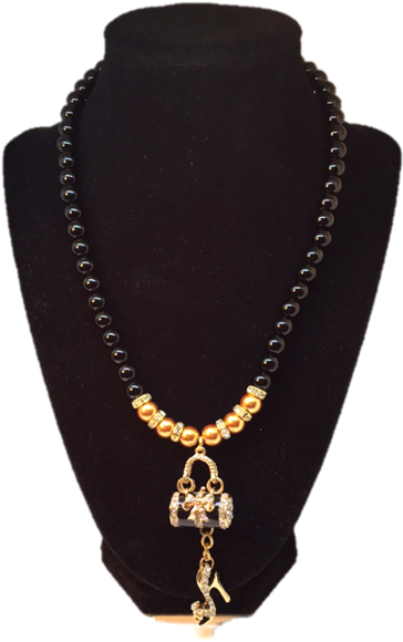 Elegant Black Beaded Necklacewith Golden Pendant PNG Image