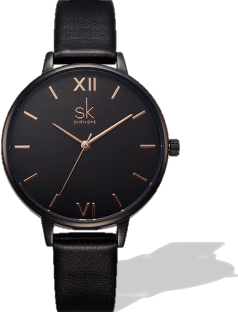 Elegant Black Dial Leather Strap Watch PNG Image