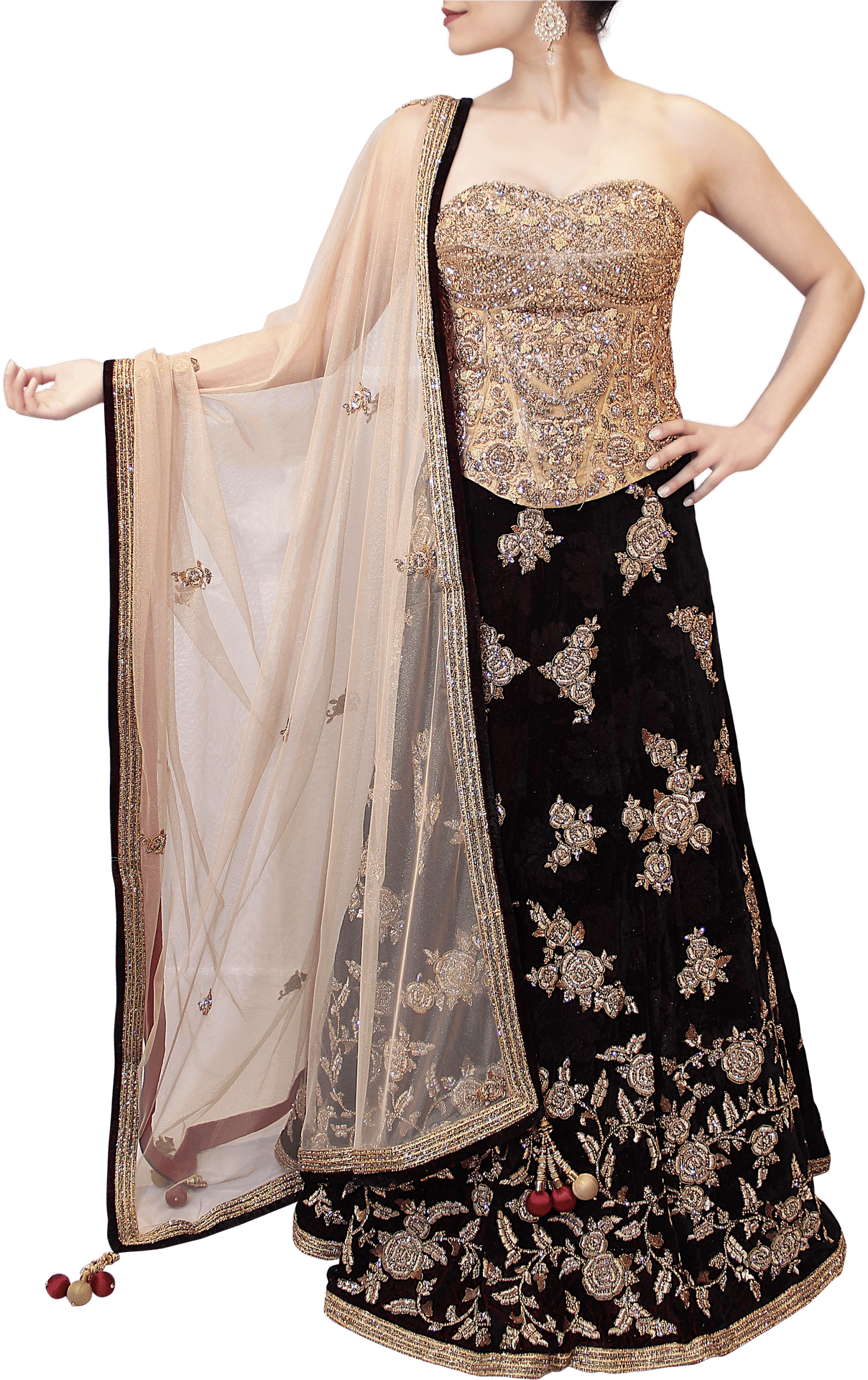 Elegant Black Lehengawith Gold Embroidery PNG Image