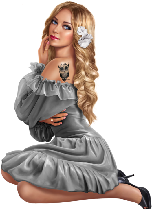 Elegant Blonde Woman Floral Tattoo PNG Image