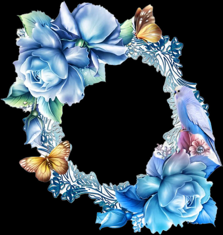 Elegant_ Blue_ Floral_ Border_with_ Bird_and_ Butterflies PNG Image