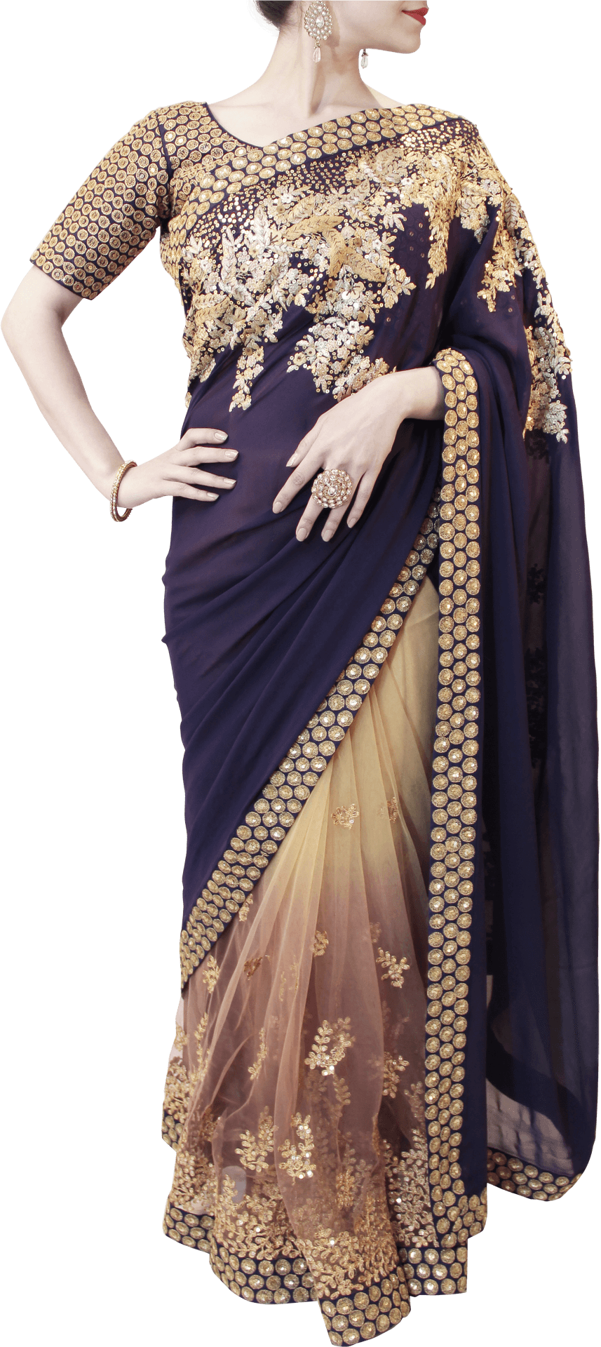 Elegant Blueand Gold Saree PNG Image