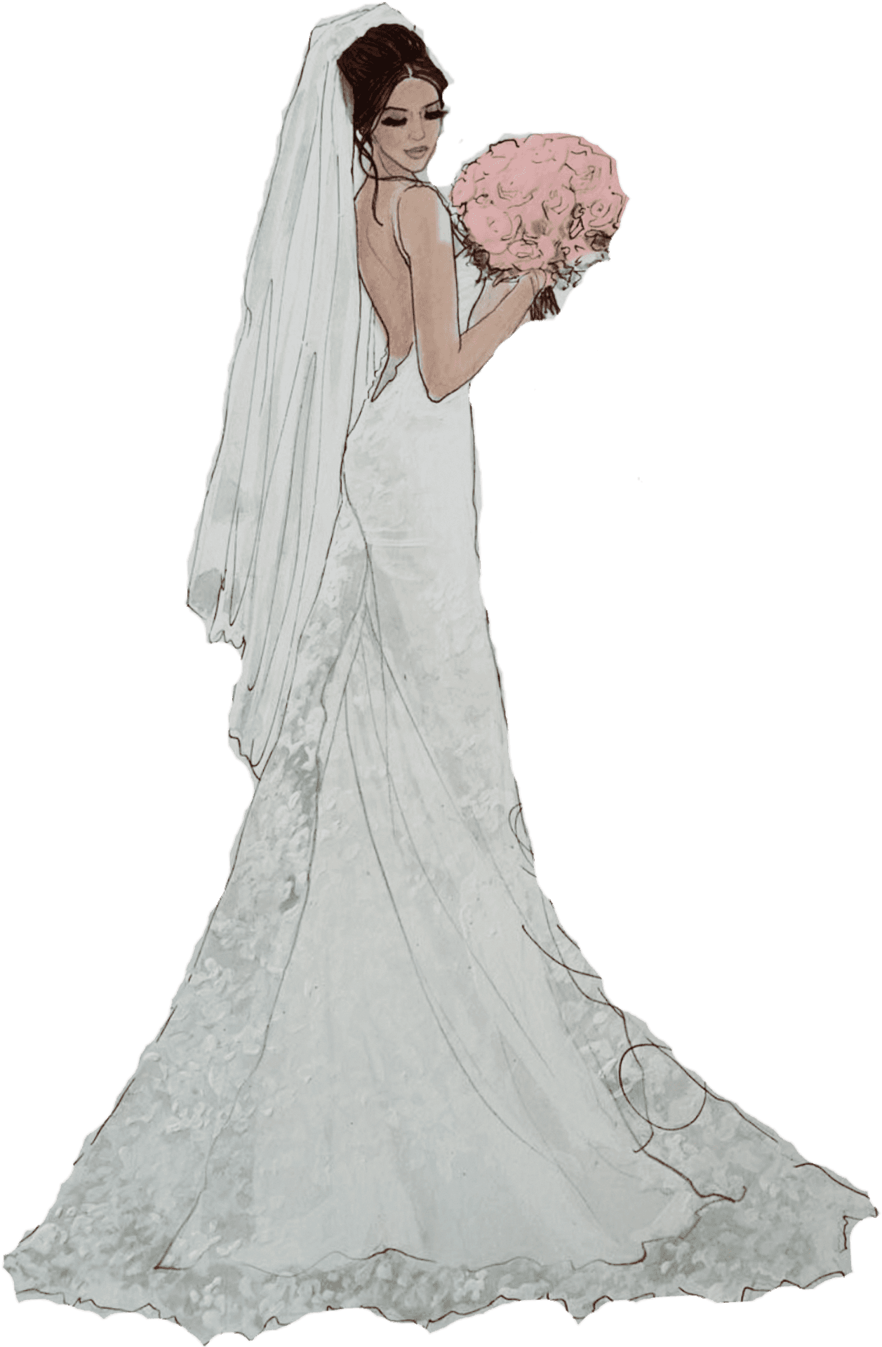 Elegant Bridein White Gownwith Bouquet PNG Image