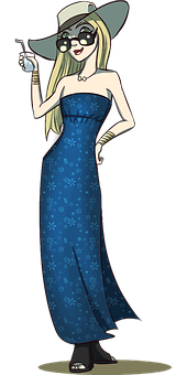 Elegant Cartoon Ladyin Blue Dress PNG Image