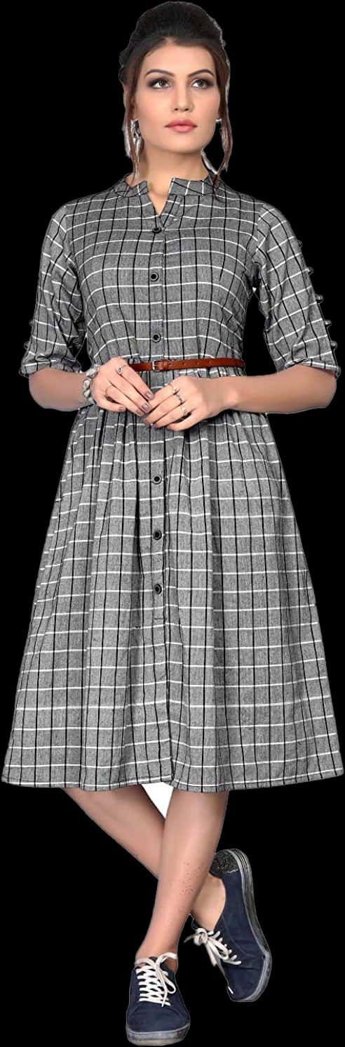 Elegant Checkered Dress Model PNG Image