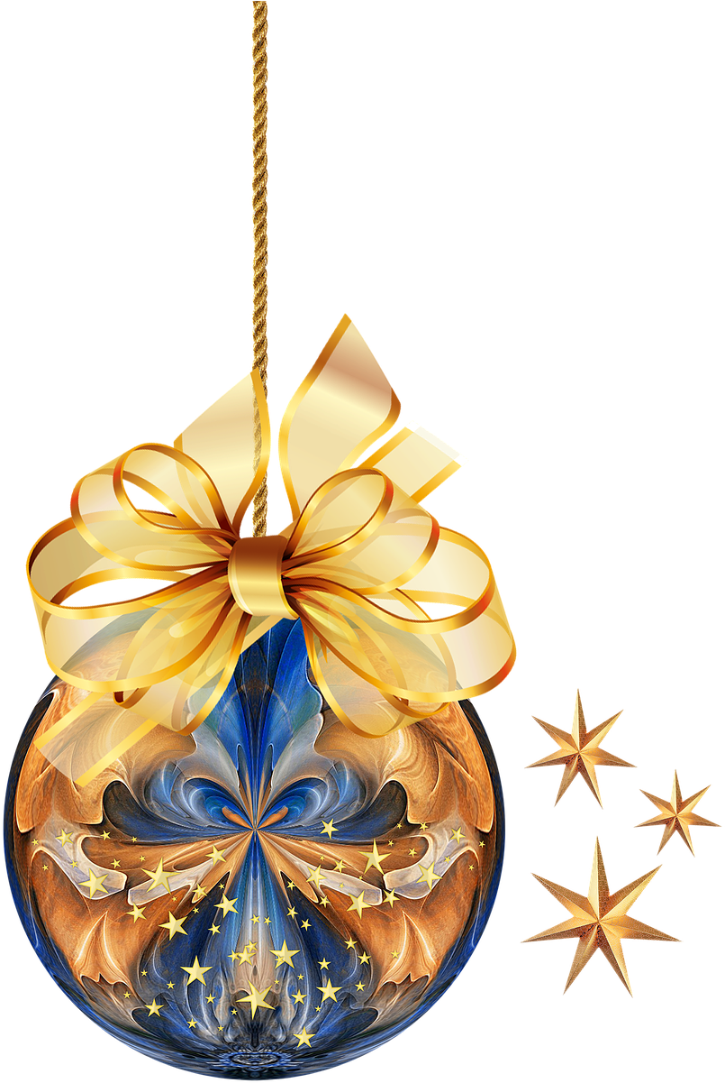 Elegant Christmas Ballwith Golden Ribbonand Stars.png PNG Image