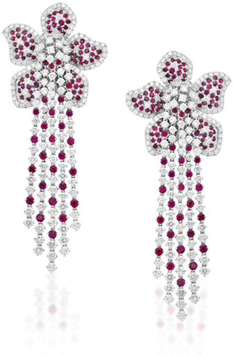 Elegant Diamond Ruby Flower Earrings PNG Image