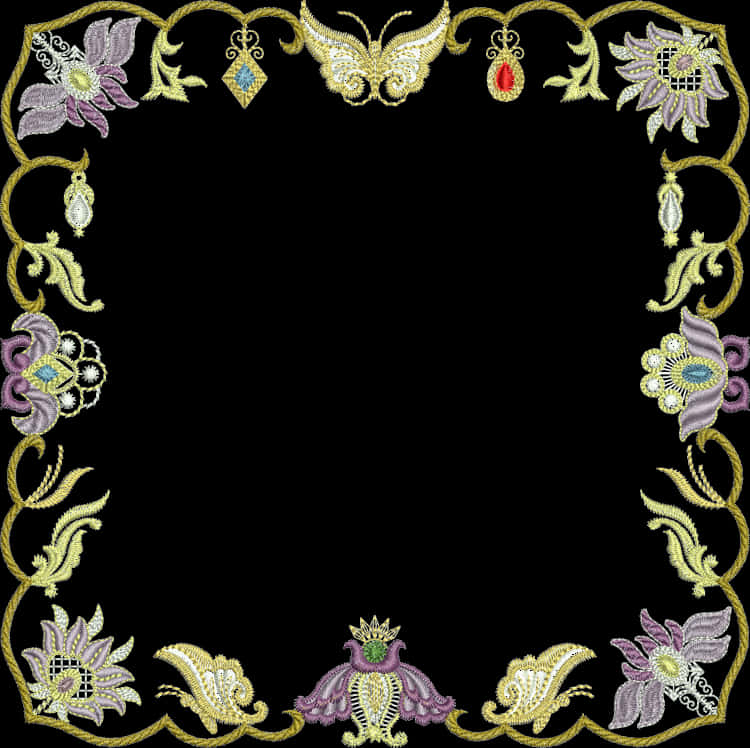 Elegant Embroidered Floral Frame PNG Image