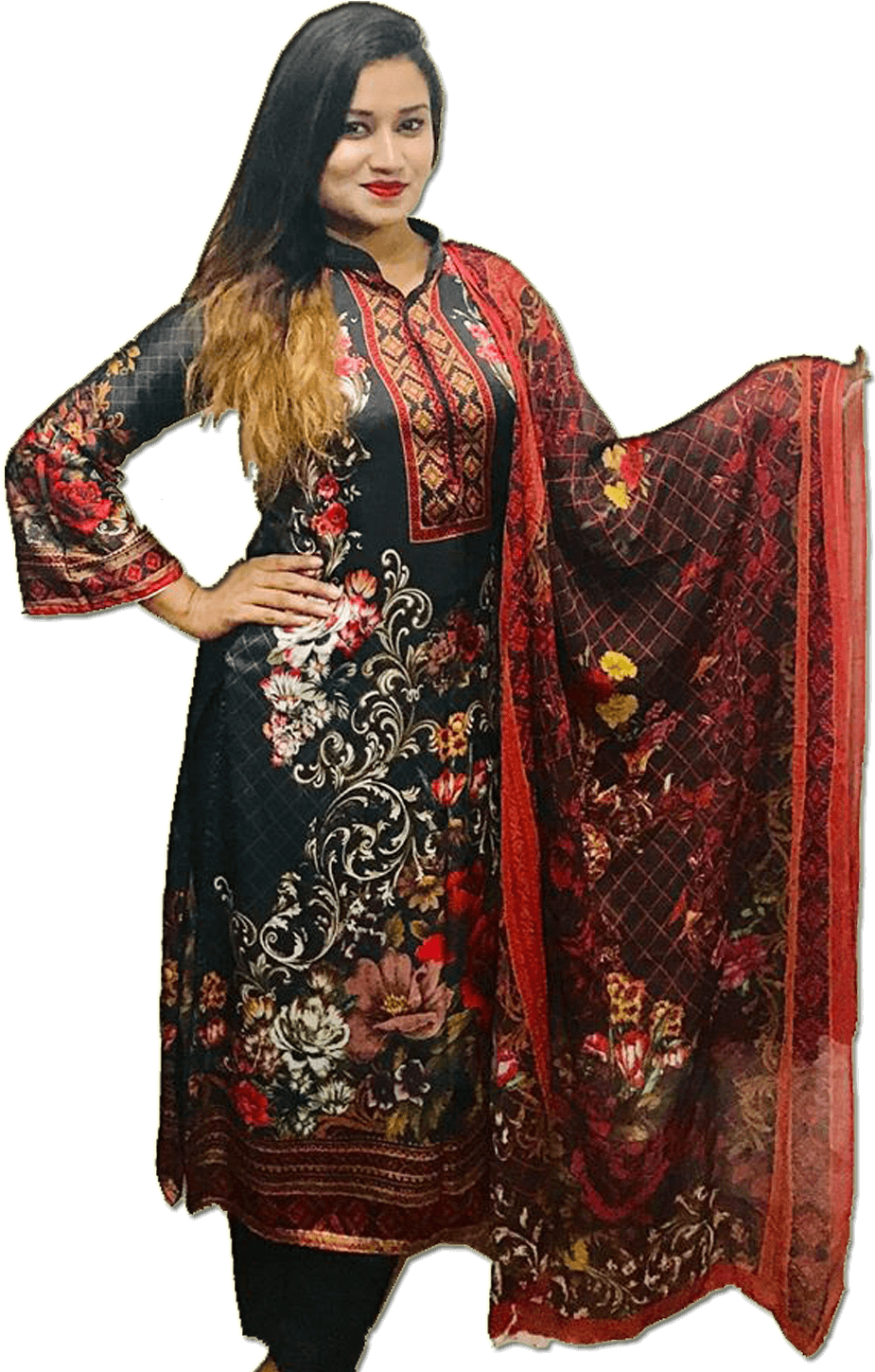 Elegant Floral Printed Kurti With Dupatta PNG Image