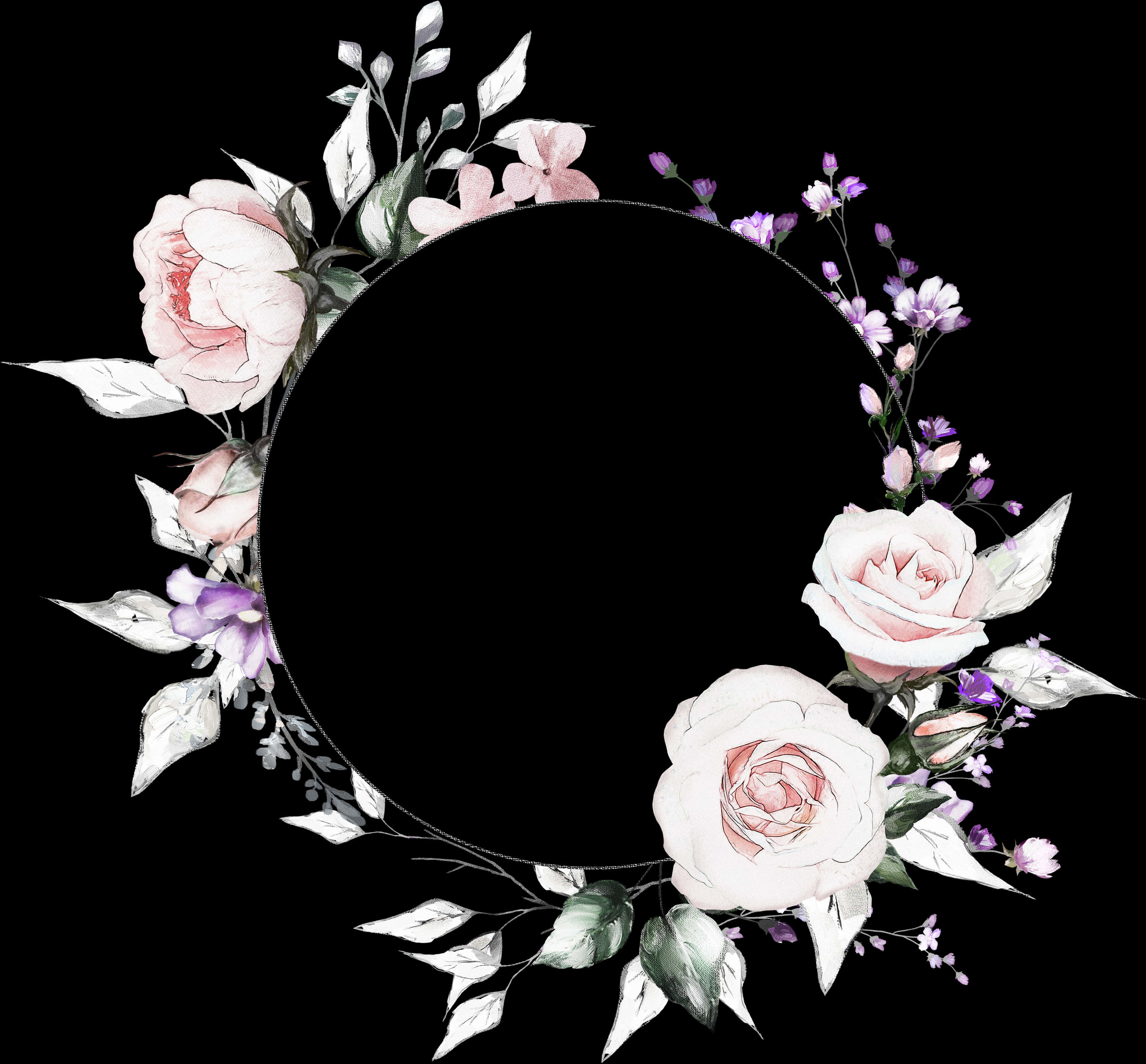 Elegant_ Floral_ Wreath_ Black_ Background PNG Image