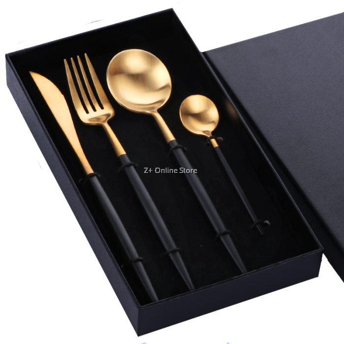 Elegant Gold Black Cutlery Set PNG Image