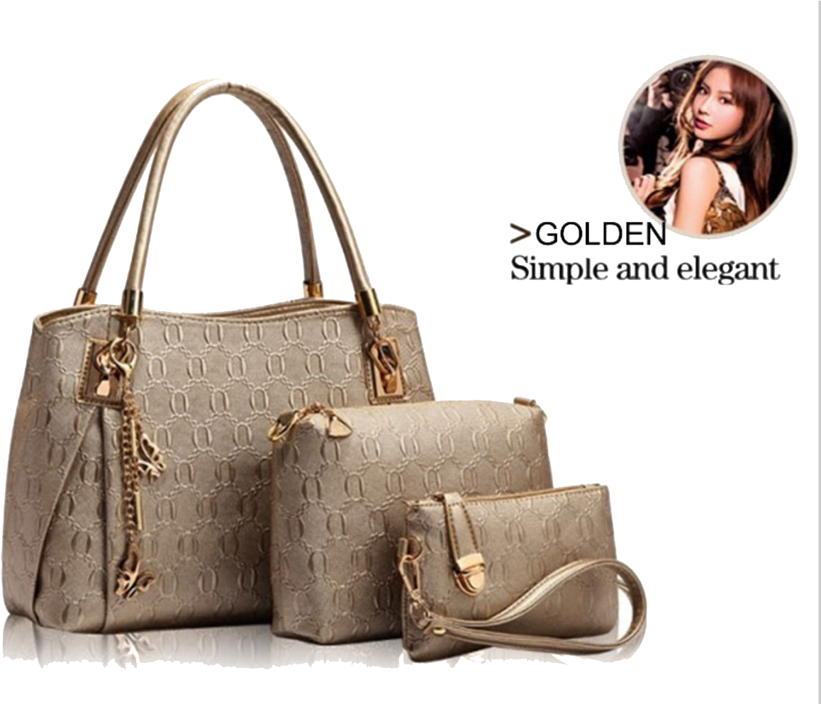 Elegant Golden Handbag Set PNG Image