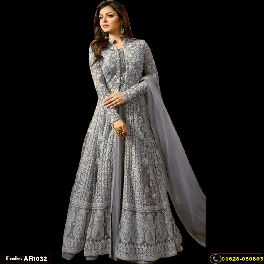 Elegant Gray Anarkali Suitwith Dupatta PNG Image