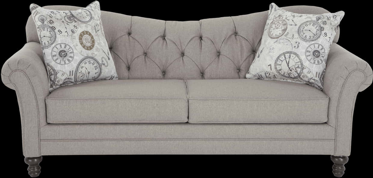 Elegant Gray Tufted Couchwith Pillows PNG Image