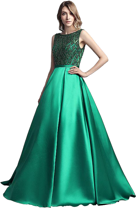 Elegant Green Gown Model Pose PNG Image