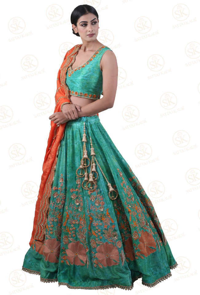 Elegant Green Lehenga Choli Model Pose PNG Image