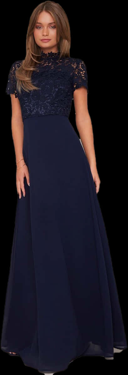 Elegant Navy Lace Evening Gown PNG Image