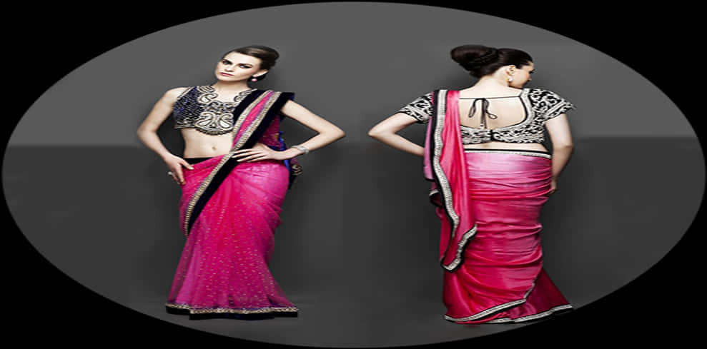 Elegant Pink Saree Model Dual Pose PNG Image