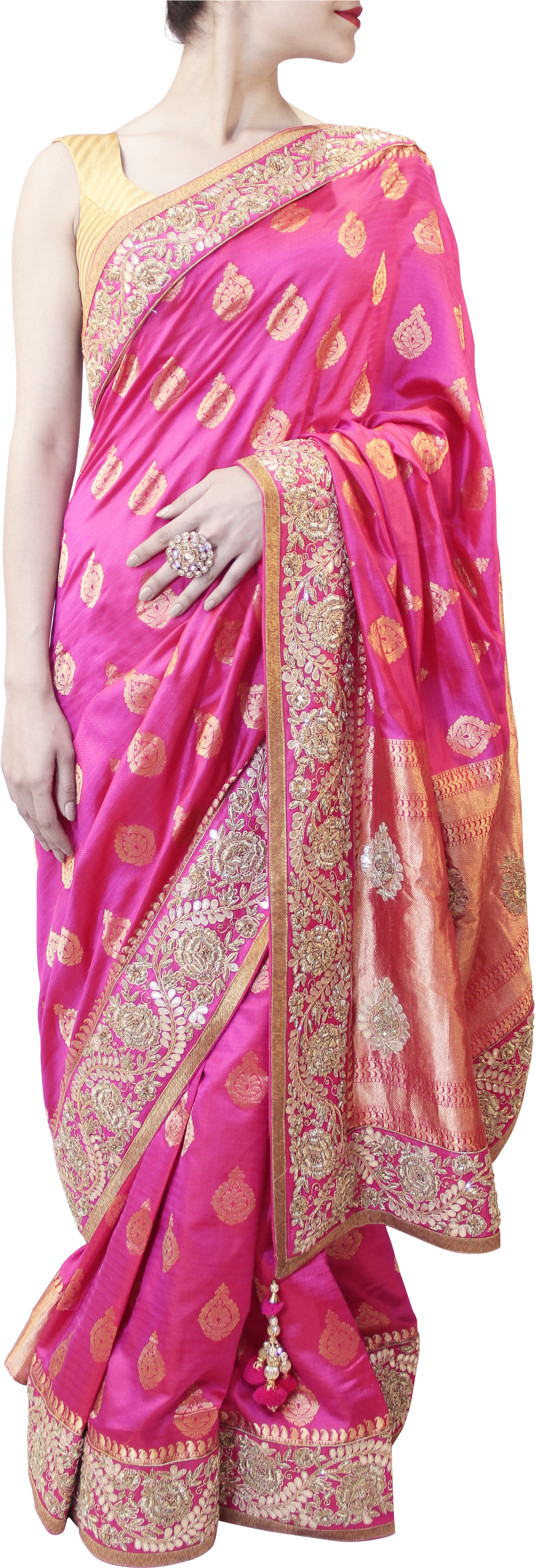 Elegant Pink Sareewith Gold Embroidery PNG Image