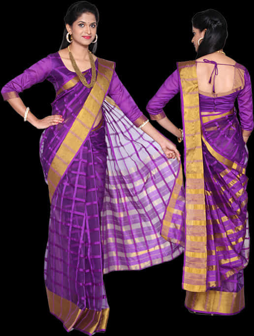 Elegant Purple Saree Model PNG Image