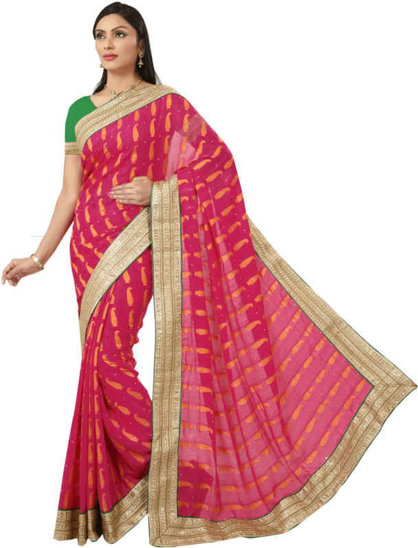 Elegant Red Saree Model Pose PNG Image