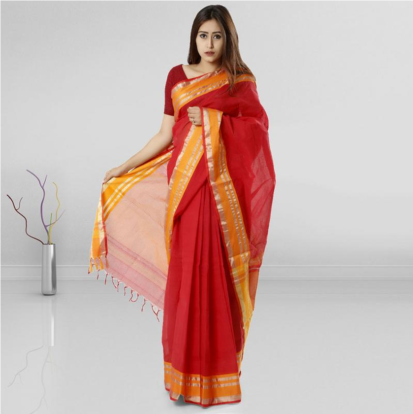 Elegant Red Saree Model Pose PNG Image