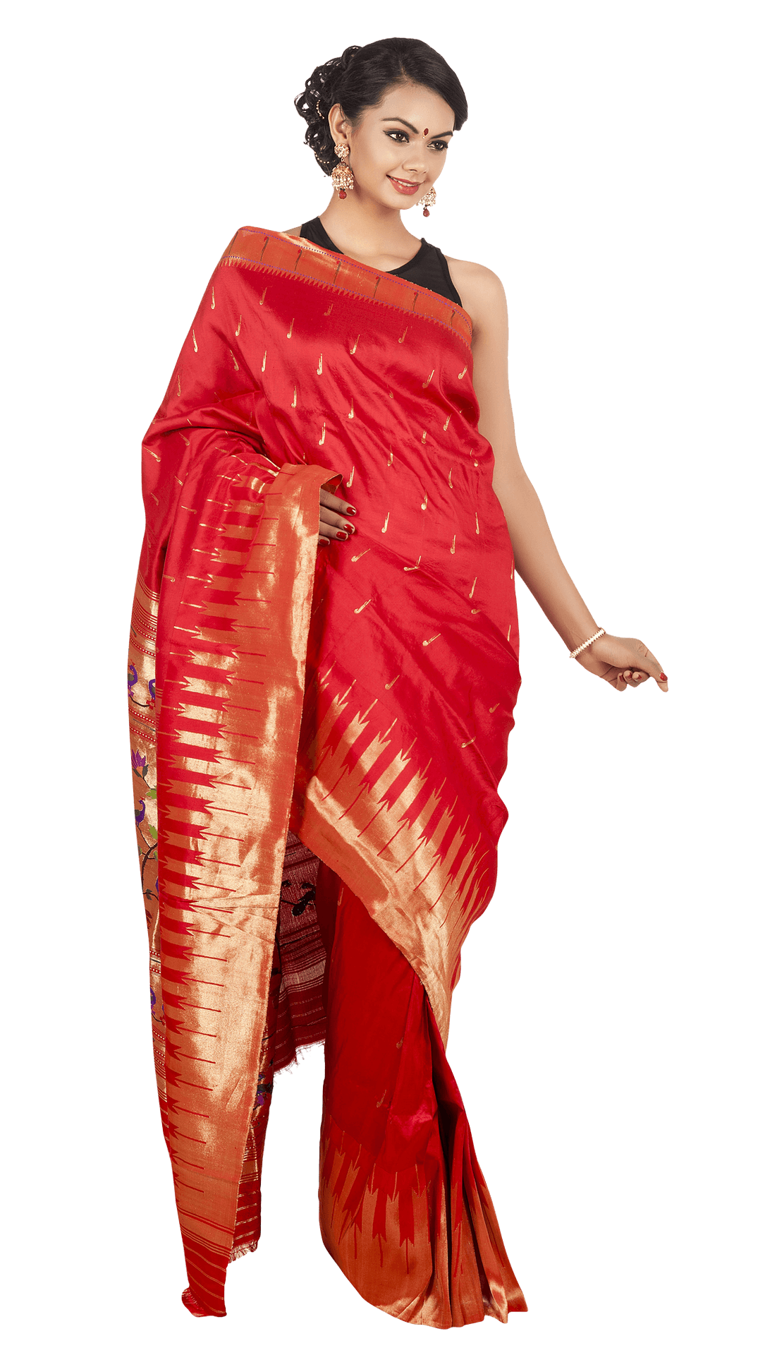 Elegant Red Saree Traditional Attire PNG Image