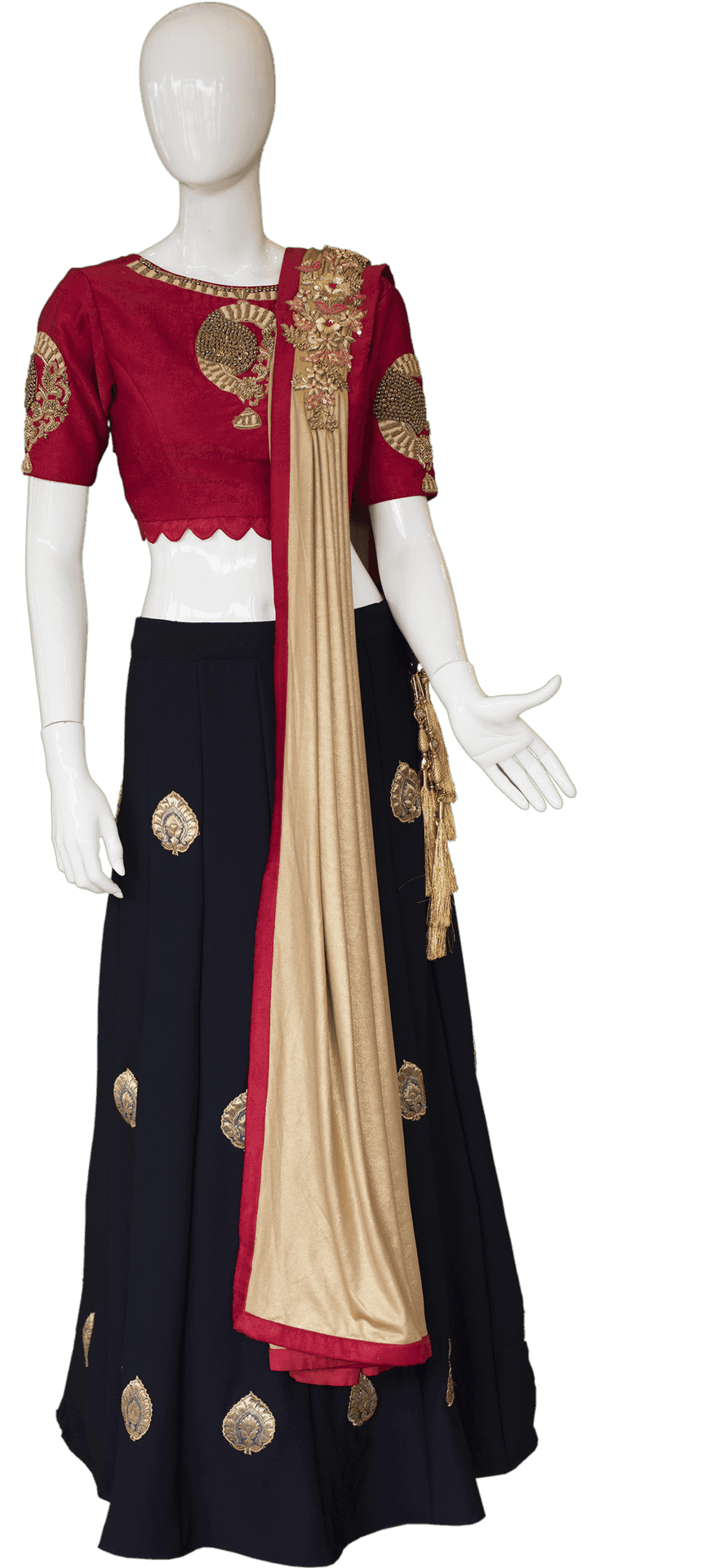 Elegant Redand Gold Lehenga Mannequin PNG Image