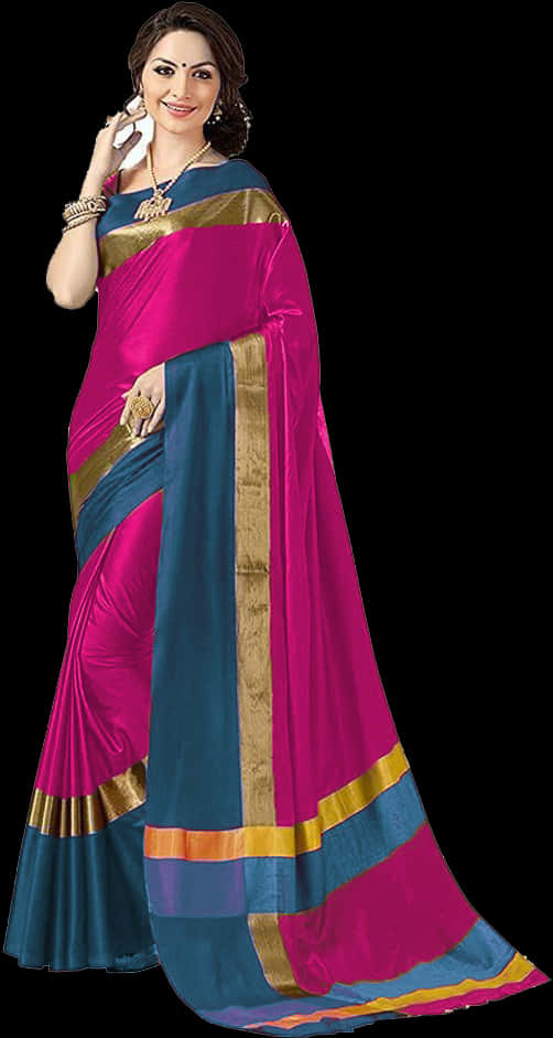 Elegant Saree Model Pose PNG Image