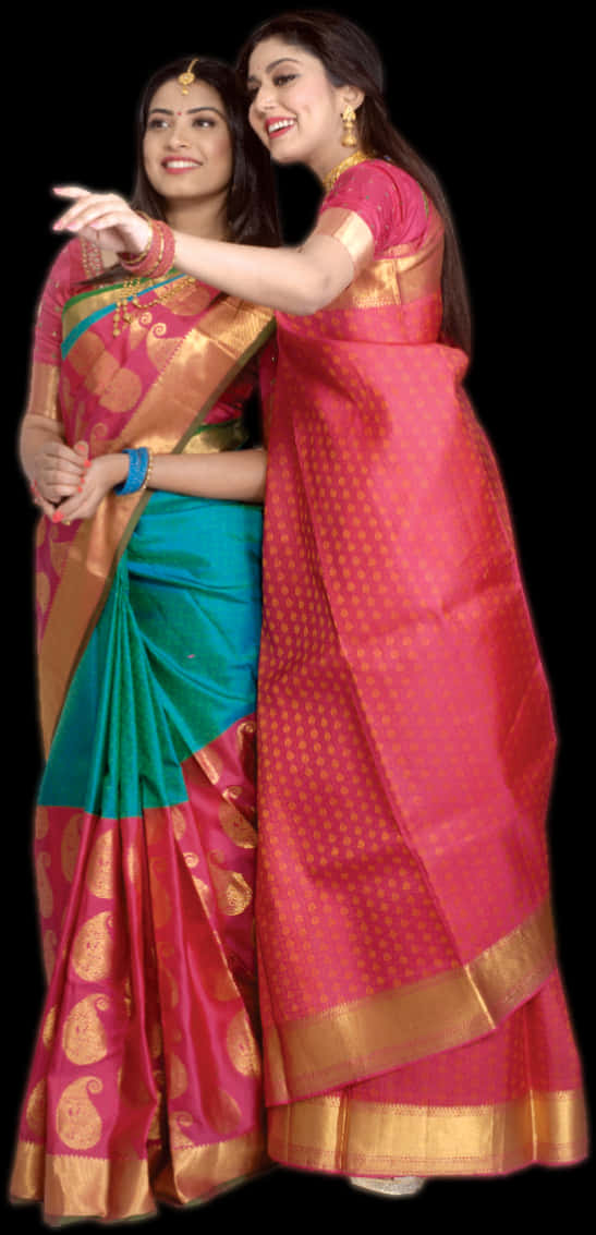 Elegant Saree Models Posing PNG Image