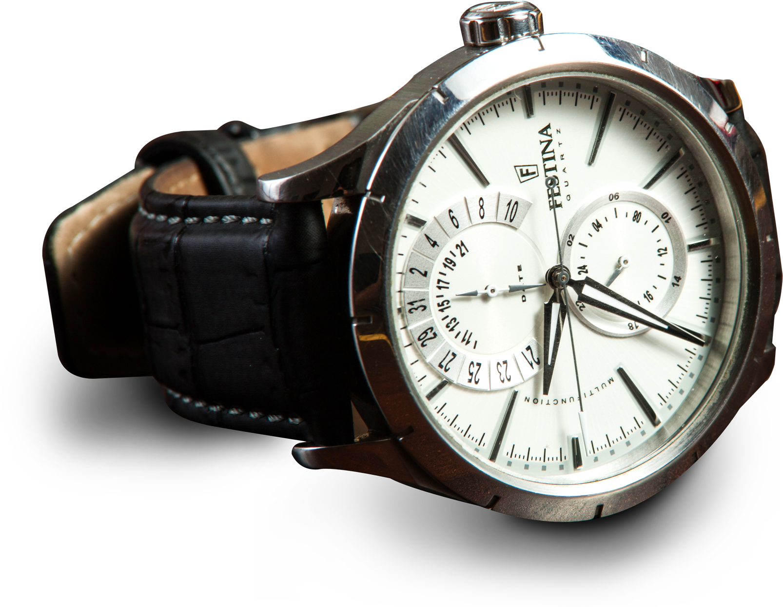 Elegant Silver Dial Leather Strap Watch PNG Image