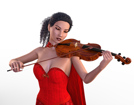 Elegant Violinistin Red Dress PNG Image