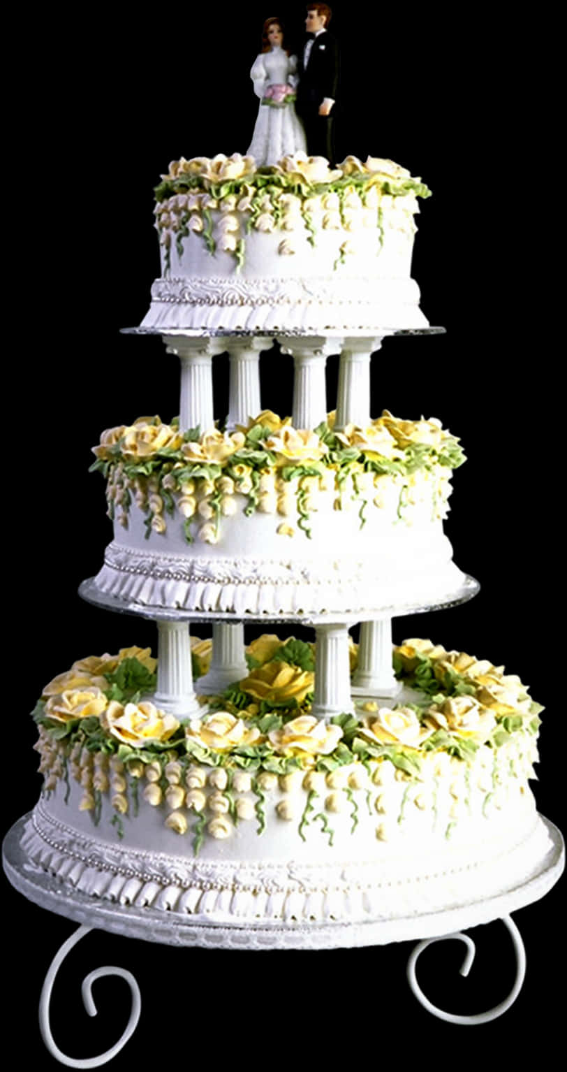 Elegant Wedding Cakewith Couple Topper PNG Image