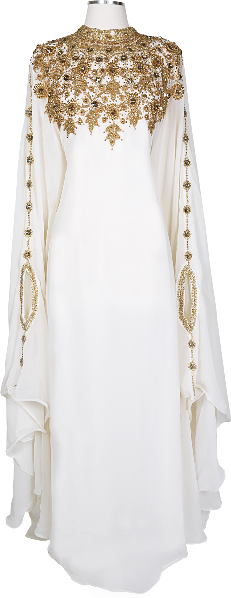 Elegant White Abayawith Gold Embroidery PNG Image