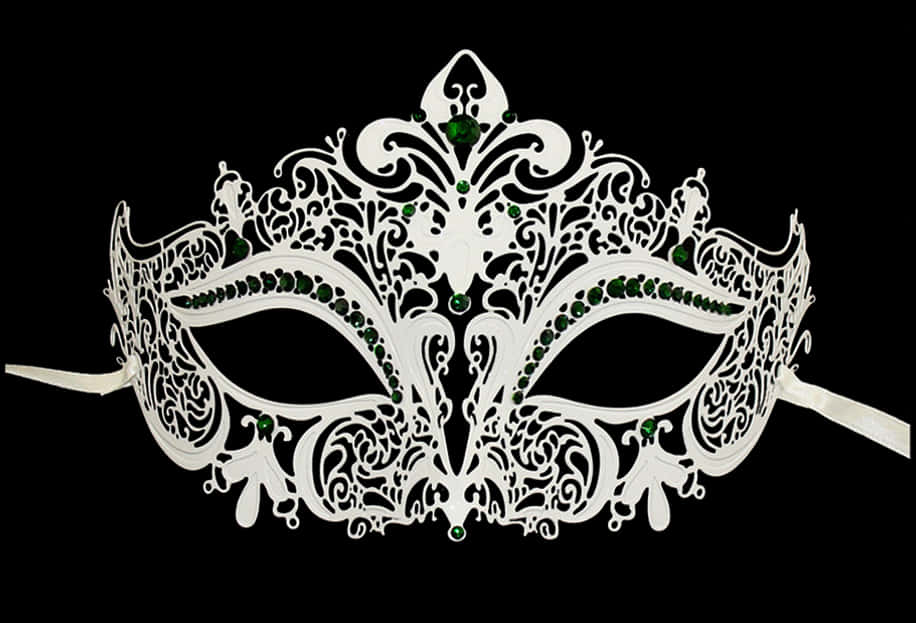 Elegant White Filigree Maskwith Green Gems.jpg PNG Image