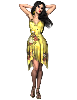 Elegant Woman Yellow Floral Dress PNG Image