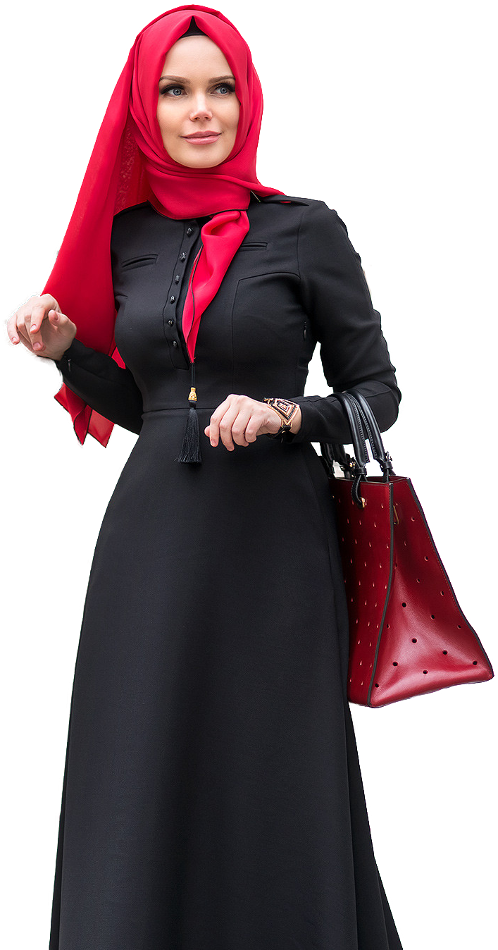 Elegant Womanin Red Hijaband Black Dress PNG Image