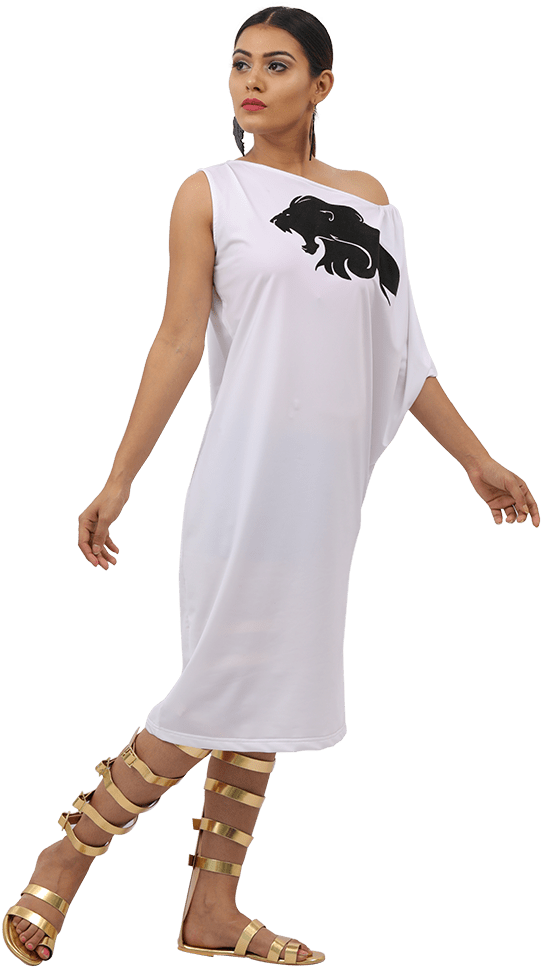 Elegant Womanin White Dressand Golden Sandals PNG Image