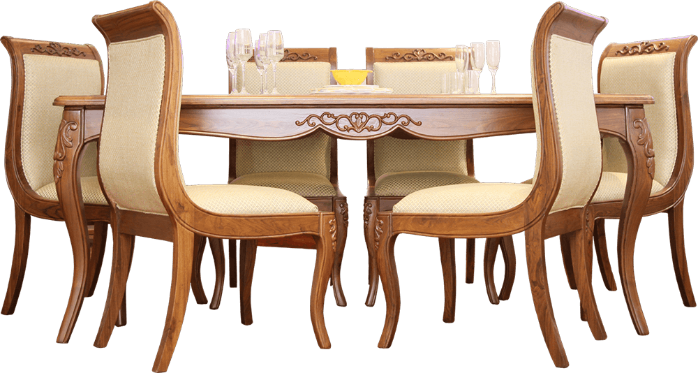 Elegant Wooden Dining Setwith Carvings.png PNG Image