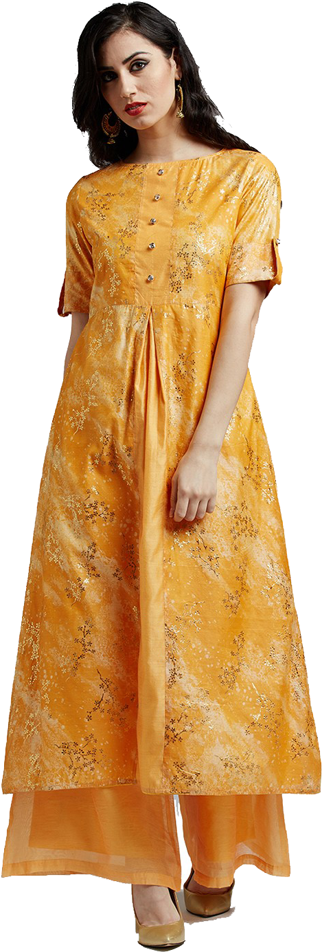 Elegant Yellow Kurti Model Pose PNG Image