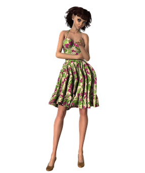 Elegant3 D Model Girlin Floral Dress PNG Image